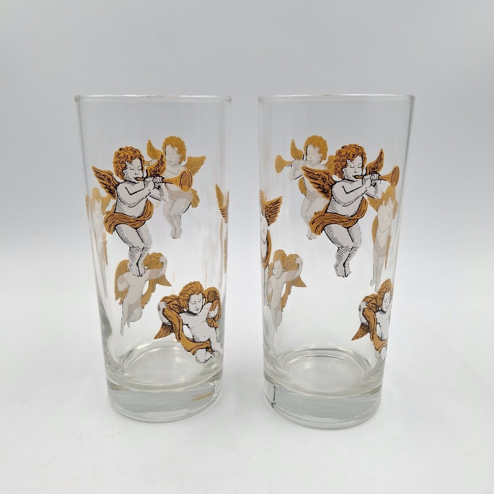 Vintage Culver Tall Cooler Barware Glasses Cherubs & Stars Set of 2 Made In‎ USA